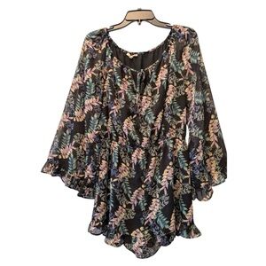 Le Lis Floral Leaf Print Long Sleeve Romper Boho Ruffle Hem Small Romantic chic